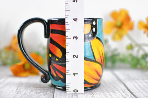 Hand Painted Monarch Butterfly Coffee Mug, Handmade Stoneware Flower Pottery, Vibrant Botanical Ceramic Cup, Unique Gift for Nature Lover