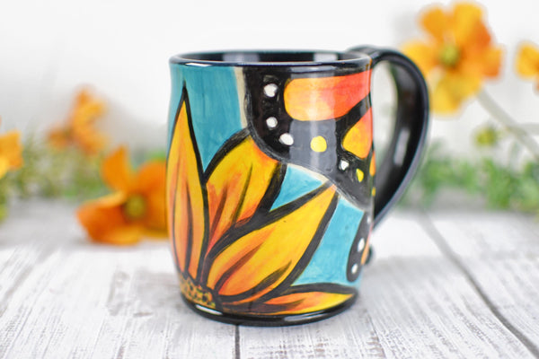 Hand Painted Monarch Butterfly Coffee Mug, Handmade Stoneware Flower Pottery, Vibrant Botanical Ceramic Cup, Unique Gift for Nature Lover