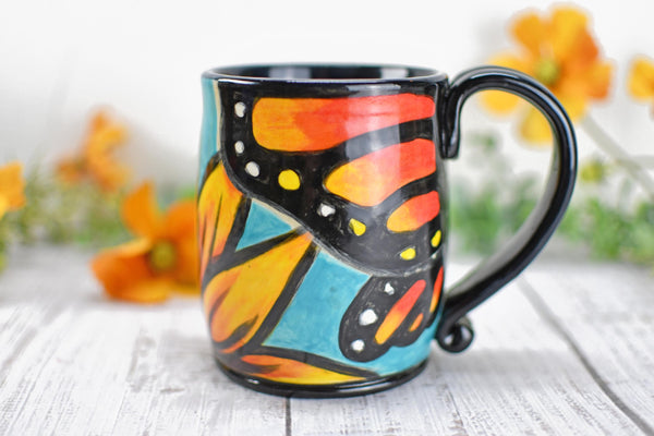 Hand Painted Monarch Butterfly Coffee Mug, Handmade Stoneware Flower Pottery, Vibrant Botanical Ceramic Cup, Unique Gift for Nature Lover