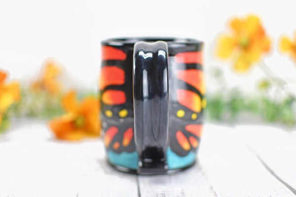 Hand Painted Monarch Butterfly Coffee Mug, Handmade Stoneware Flower Pottery, Vibrant Botanical Ceramic Cup, Unique Gift for Nature Lover