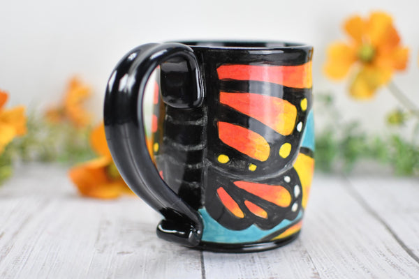 Hand Painted Monarch Butterfly Coffee Mug, Handmade Stoneware Flower Pottery, Vibrant Botanical Ceramic Cup, Unique Gift for Nature Lover