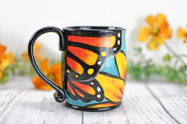 Hand Painted Monarch Butterfly Coffee Mug, Handmade Stoneware Flower Pottery, Vibrant Botanical Ceramic Cup, Unique Gift for Nature Lover