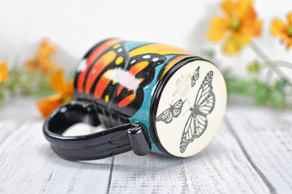 Hand Painted Monarch Butterfly Coffee Mug, Handmade Stoneware Flower Pottery, Vibrant Botanical Ceramic Cup, Unique Gift for Nature Lover