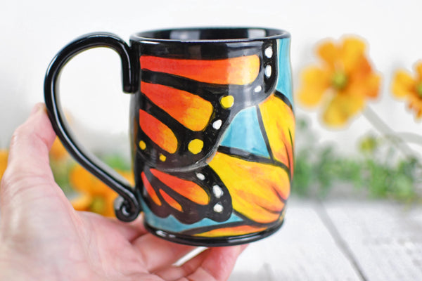 Hand Painted Monarch Butterfly Coffee Mug, Handmade Stoneware Flower Pottery, Vibrant Botanical Ceramic Cup, Unique Gift for Nature Lover
