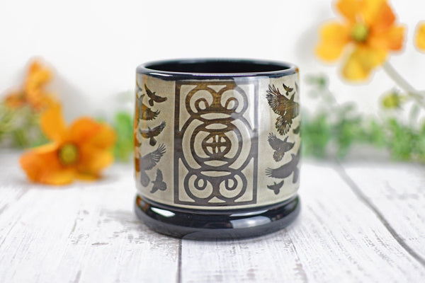 Handmade Raven Bird Cup - Bird Lover Gift, Gothic Ceramic Tumbler, Nature Inspired Pottery for Whiskey or Wine, A Murder of Ravens