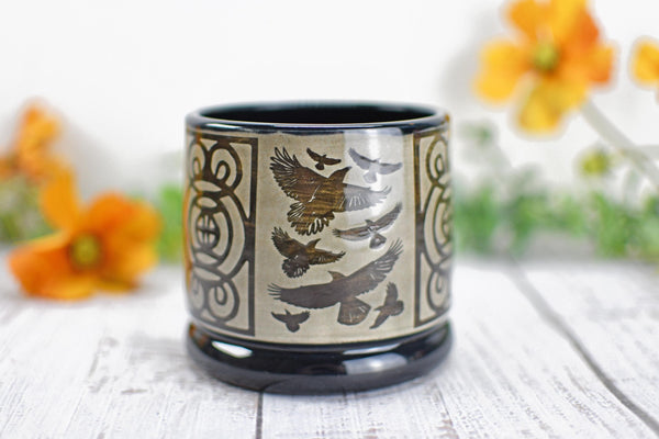 Handmade Raven Bird Cup - Bird Lover Gift, Gothic Ceramic Tumbler, Nature Inspired Pottery for Whiskey or Wine, A Murder of Ravens