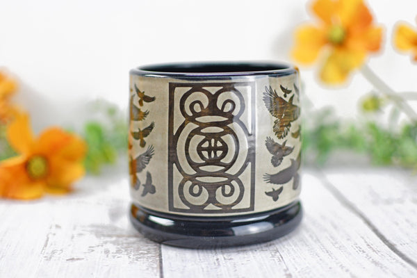 Handmade Raven Bird Cup - Bird Lover Gift, Gothic Ceramic Tumbler, Nature Inspired Pottery for Whiskey or Wine, A Murder of Ravens
