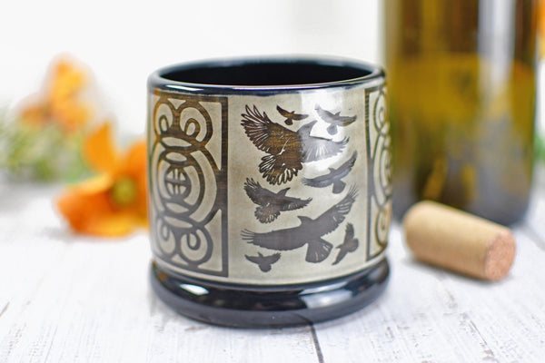Handmade Raven Bird Cup - Bird Lover Gift, Gothic Ceramic Tumbler, Nature Inspired Pottery for Whiskey or Wine, A Murder of Ravens