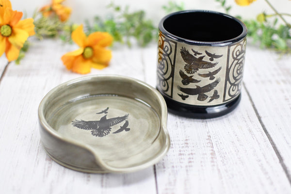 Raven Bird Large Ceramic Stove Top Spoon Rest, Handmade Stoneware Pottery, Halloween Gothic Decor for Kitchen & Coffee Bar