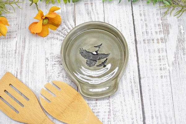 Raven Bird Large Ceramic Stove Top Spoon Rest, Handmade Stoneware Pottery, Halloween Gothic Decor for Kitchen & Coffee Bar