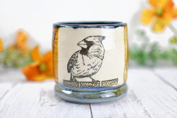Handmade Ceramic Cardinal Bird Cup, Bronze Pottery Anniversary Gift, Whiskey or Wine Tumbler, Moroccan Boho