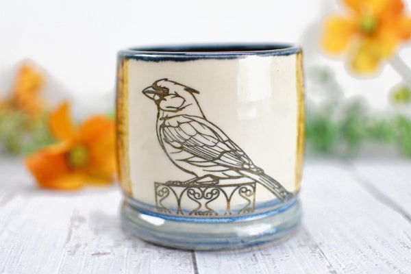 Handmade Ceramic Cardinal Bird Cup, Bronze Pottery Anniversary Gift, Whiskey or Wine Tumbler, Moroccan Boho
