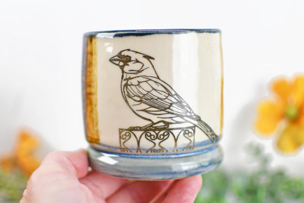 Handmade Ceramic Cardinal Bird Cup, Bronze Pottery Anniversary Gift, Whiskey or Wine Tumbler, Moroccan Boho