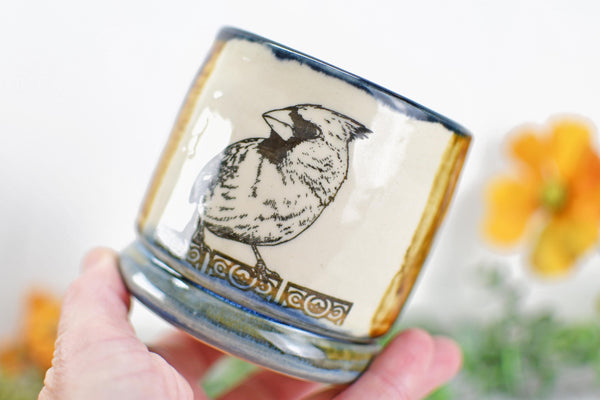 Handmade Ceramic Cardinal Bird Cup, Bronze Pottery Anniversary Gift, Whiskey or Wine Tumbler, Moroccan Boho