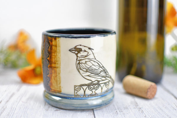 Handmade Ceramic Cardinal Bird Cup, Bronze Pottery Anniversary Gift, Whiskey or Wine Tumbler, Moroccan Boho