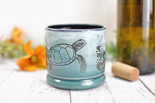 Handmade Ceramic Sea Turtle Cup, Beach Lover Pottery Gift, Whiskey or Wine Tumbler, Ocean Seashells Beach Decor