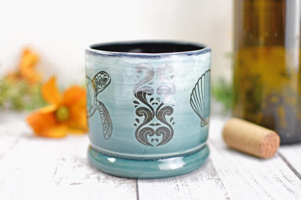 Handmade Ceramic Sea Turtle Cup, Beach Lover Pottery Gift, Whiskey or Wine Tumbler, Ocean Seashells Beach Decor