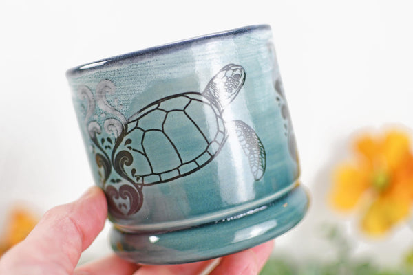 Handmade Ceramic Sea Turtle Cup, Beach Lover Pottery Gift, Whiskey or Wine Tumbler, Ocean Seashells Beach Decor