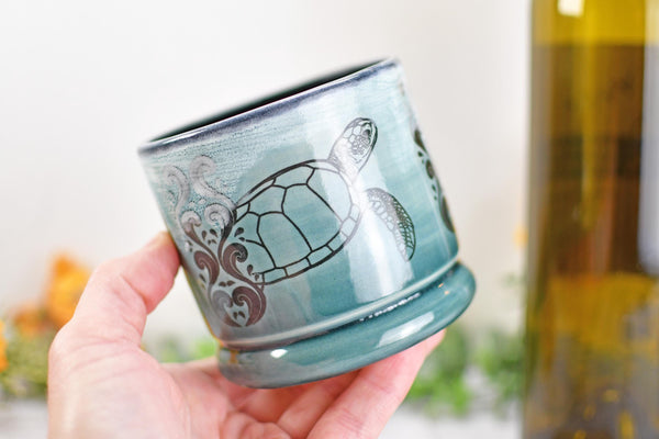Handmade Ceramic Sea Turtle Cup, Beach Lover Pottery Gift, Whiskey or Wine Tumbler, Ocean Seashells Beach Decor