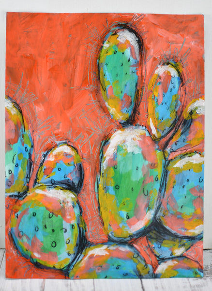 Cactus Abstract Painting Wall Art, Bright Color Desert Artwork, Original Mixed Media Painting on Paper (Unframed 9x12), Green, Blue, Orange