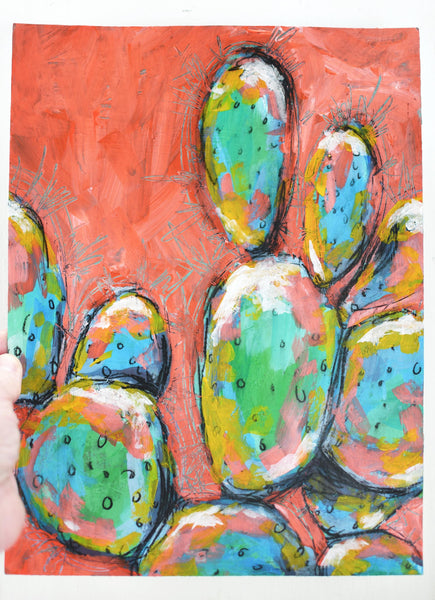 Cactus Abstract Painting Wall Art, Bright Color Desert Artwork, Original Mixed Media Painting on Paper (Unframed 9x12), Green, Blue, Orange
