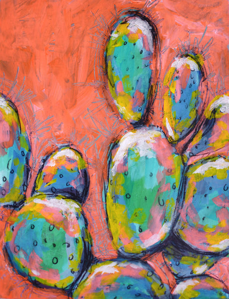 Cactus Abstract Painting Wall Art, Bright Color Desert Artwork, Original Mixed Media Painting on Paper (Unframed 9x12), Green, Blue, Orange
