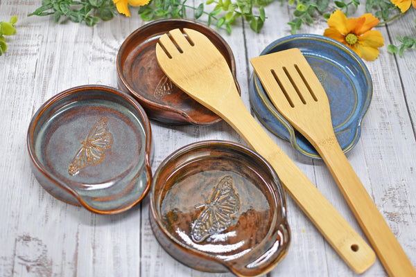 Monarch Butterfly Ceramic Spoon Rest, Handmade Stoneware Pottery, Kitchen Stove Dining, Soap Dish, Wine Bottle Drip Black Copper Blue Green
