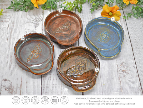Monarch Butterfly Ceramic Spoon Rest, Handmade Stoneware Pottery, Kitchen Stove Dining, Soap Dish, Wine Bottle Drip Black Copper Blue Green