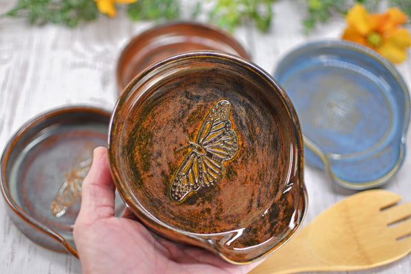Monarch Butterfly Ceramic Spoon Rest, Handmade Stoneware Pottery, Kitchen Stove Dining, Soap Dish, Wine Bottle Drip Black Copper Blue Green