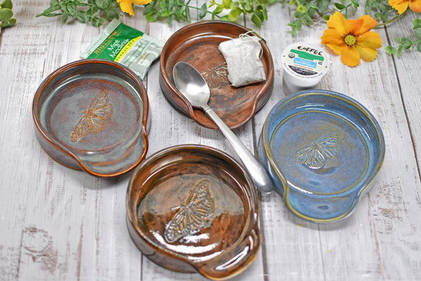 Monarch Butterfly Ceramic Spoon Rest, Handmade Stoneware Pottery, Kitchen Stove Dining, Soap Dish, Wine Bottle Drip Black Copper Blue Green