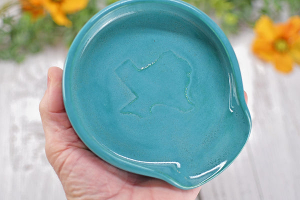 Texas Ceramic Spoon Rest, Turquoise Stoneware Pottery, Handmade Coffee Tea Spoon, Jewelry Trinket Dish