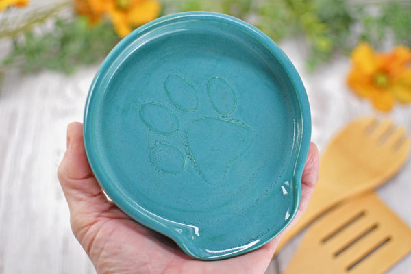 Paw Print Ceramic Spoon Rest Stove Top Wine Bottle Drip Dish Handmade Stoneware Pottery Dog Cat Animal Lover Gift Friend Mom Blue Brown
