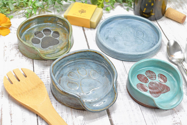 Paw Print Ceramic Spoon Rest Stove Top Wine Bottle Drip Dish Handmade Stoneware Pottery Dog Cat Animal Lover Gift Friend Mom Blue Brown