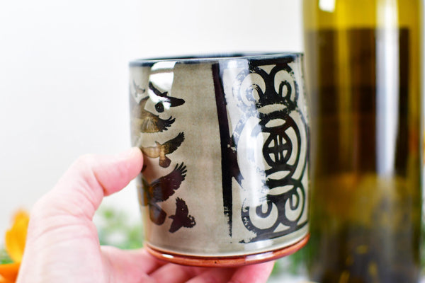 Handmade Raven Bird Tumbler Cup - Gothic Ceramic Bird Lover Gift, Nature Inspired Pottery for Whiskey or Wine, A Murder of Ravens
