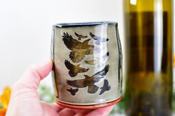 Handmade Raven Bird Tumbler Cup - Gothic Ceramic Bird Lover Gift, Nature Inspired Pottery for Whiskey or Wine, A Murder of Ravens