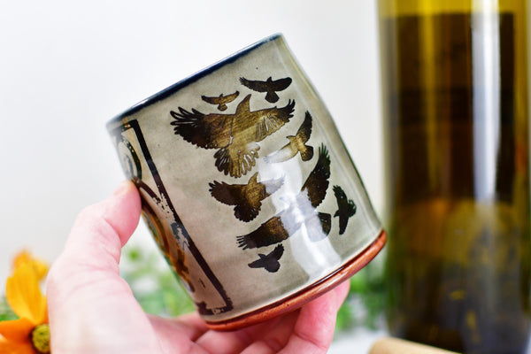 Handmade Raven Bird Tumbler Cup - Gothic Ceramic Bird Lover Gift, Nature Inspired Pottery for Whiskey or Wine, A Murder of Ravens