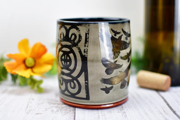 Handmade Raven Bird Tumbler Cup - Gothic Ceramic Bird Lover Gift, Nature Inspired Pottery for Whiskey or Wine, A Murder of Ravens