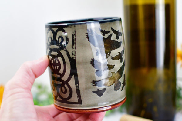 Handmade Raven Bird Tumbler Cup - Gothic Ceramic Bird Lover Gift, Nature Inspired Pottery for Whiskey or Wine, A Murder of Ravens