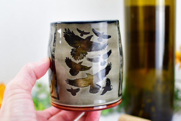Handmade Raven Bird Tumbler Cup - Gothic Ceramic Bird Lover Gift, Nature Inspired Pottery for Whiskey or Wine, A Murder of Ravens