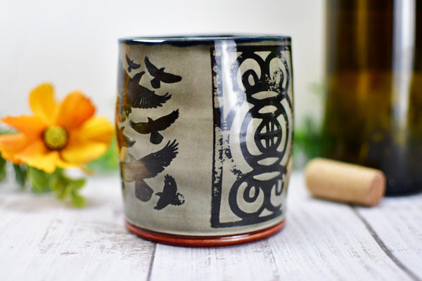 Handmade Raven Bird Tumbler Cup - Gothic Ceramic Bird Lover Gift, Nature Inspired Pottery for Whiskey or Wine, A Murder of Ravens