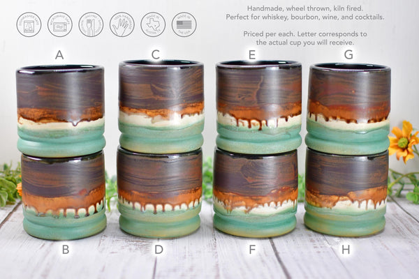 Bronze Whiskey Bourbon Tumbler, One Handmade Ceramic Pottery Scotch Barware Anniversary Gift, Groomsmen, Black, Patina Green, Turquoise