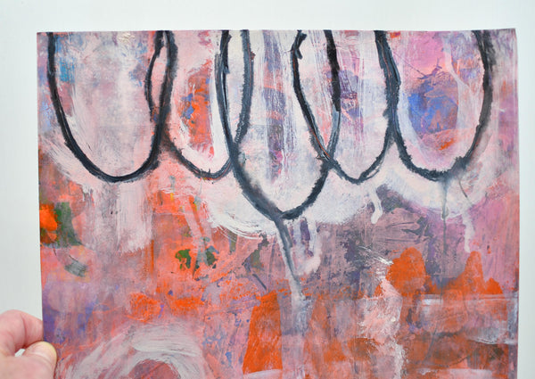 Abstract Painting Wall Art with Circles in Pink, Gray, Orange, Black – Original Mixed Media Painting on Paper (Unframed 11x14)