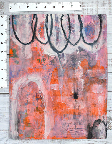 Abstract Painting Wall Art with Circles in Pink, Gray, Orange, Black – Original Mixed Media Painting on Paper (Unframed 11x14)