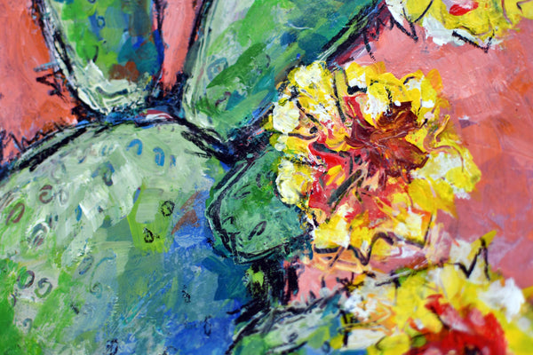 Cactus Blooming Abstract Painting Wall Art, Bright Color Desert Artwork, Original Mixed Media Painting on Paper (Unframed 9x12)