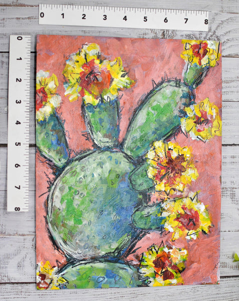 Cactus Blooming Abstract Painting Wall Art, Bright Color Desert Artwork, Original Mixed Media Painting on Paper (Unframed 9x12)