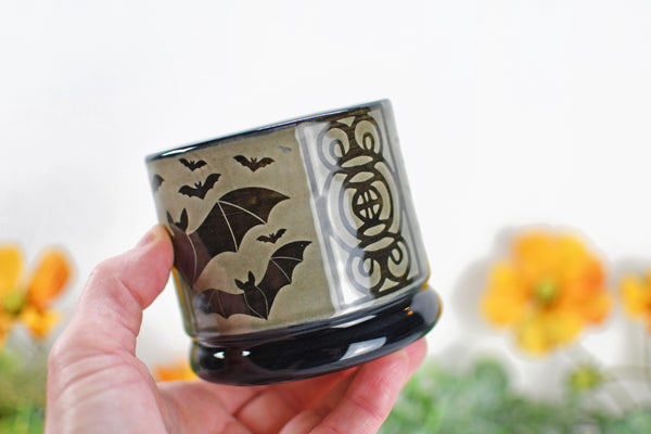 Handmade Bats Cup - Bat Lover Gift, Gothic Ceramic Tumbler, Nature Inspired Pottery for Whiskey or Wine