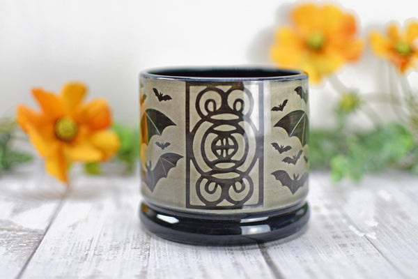 Handmade Bats Cup - Bat Lover Gift, Gothic Ceramic Tumbler, Nature Inspired Pottery for Whiskey or Wine
