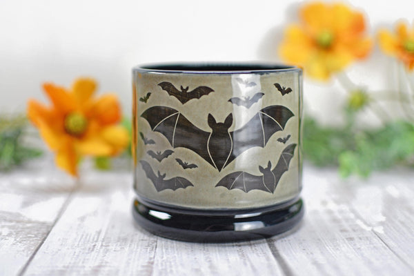 Handmade Bats Cup - Bat Lover Gift, Gothic Ceramic Tumbler, Nature Inspired Pottery for Whiskey or Wine
