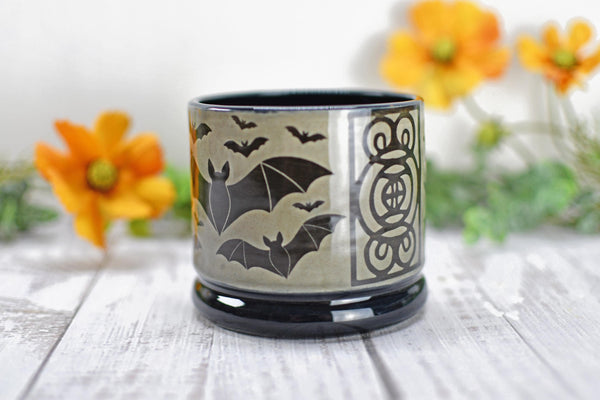 Handmade Bats Cup - Bat Lover Gift, Gothic Ceramic Tumbler, Nature Inspired Pottery for Whiskey or Wine