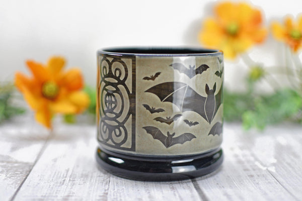 Handmade Bats Cup - Bat Lover Gift, Gothic Ceramic Tumbler, Nature Inspired Pottery for Whiskey or Wine